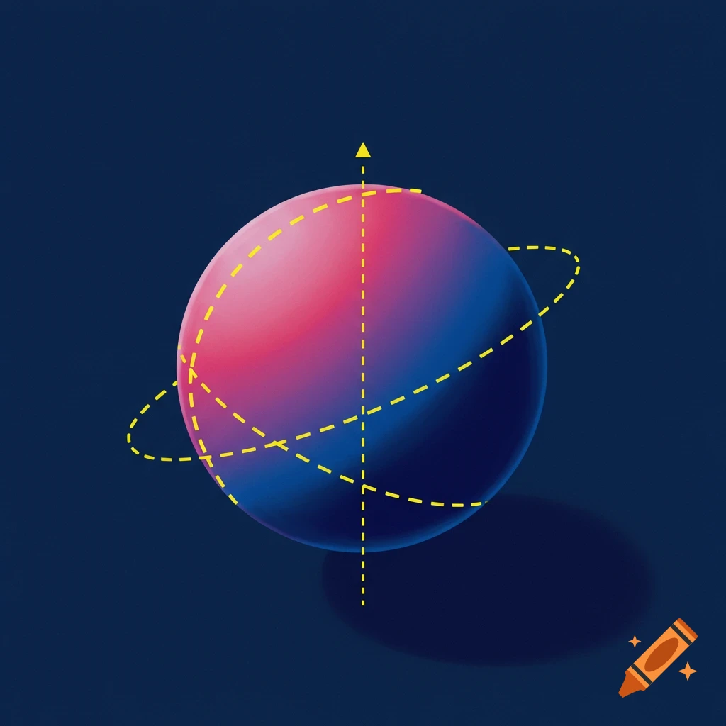 A sphere shaded pink and blue with yellow dotted lines representing axes and an orbit, casting a shadow on a dark blue background.