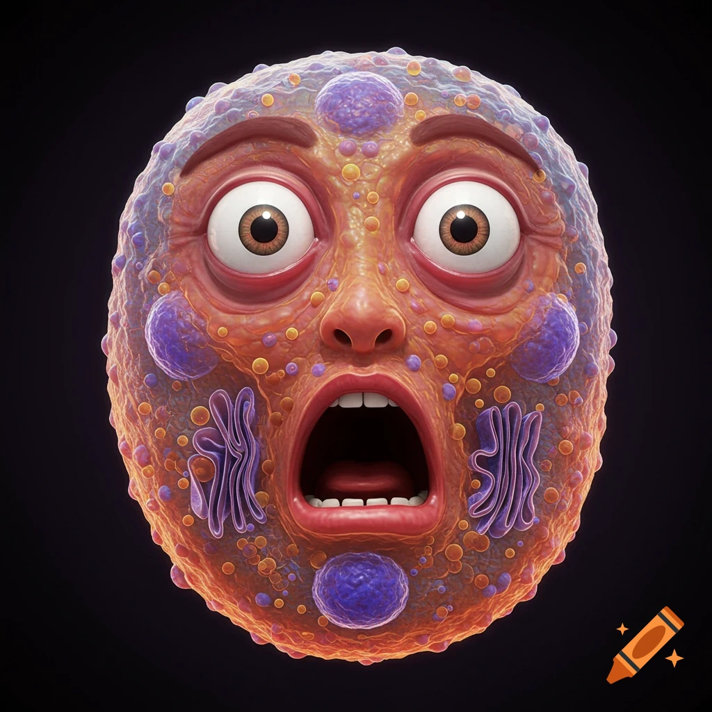 A macro shot of an animal cell stylized with a human face showing a shocked expression, featuring detailed organelles around the face.