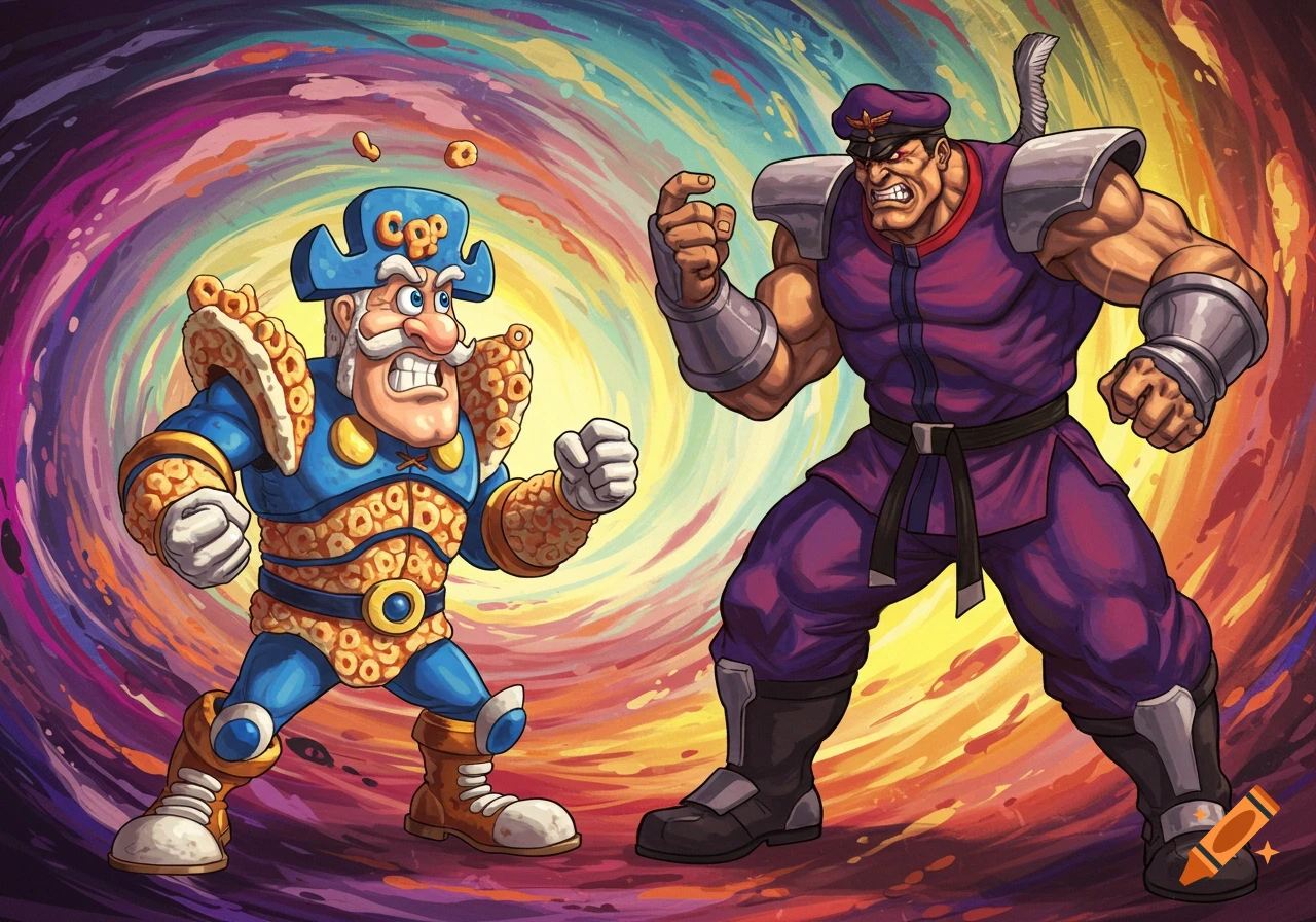Cartoon style illustration of Captain Crunch and M. Bison from Street Fighter facing off.