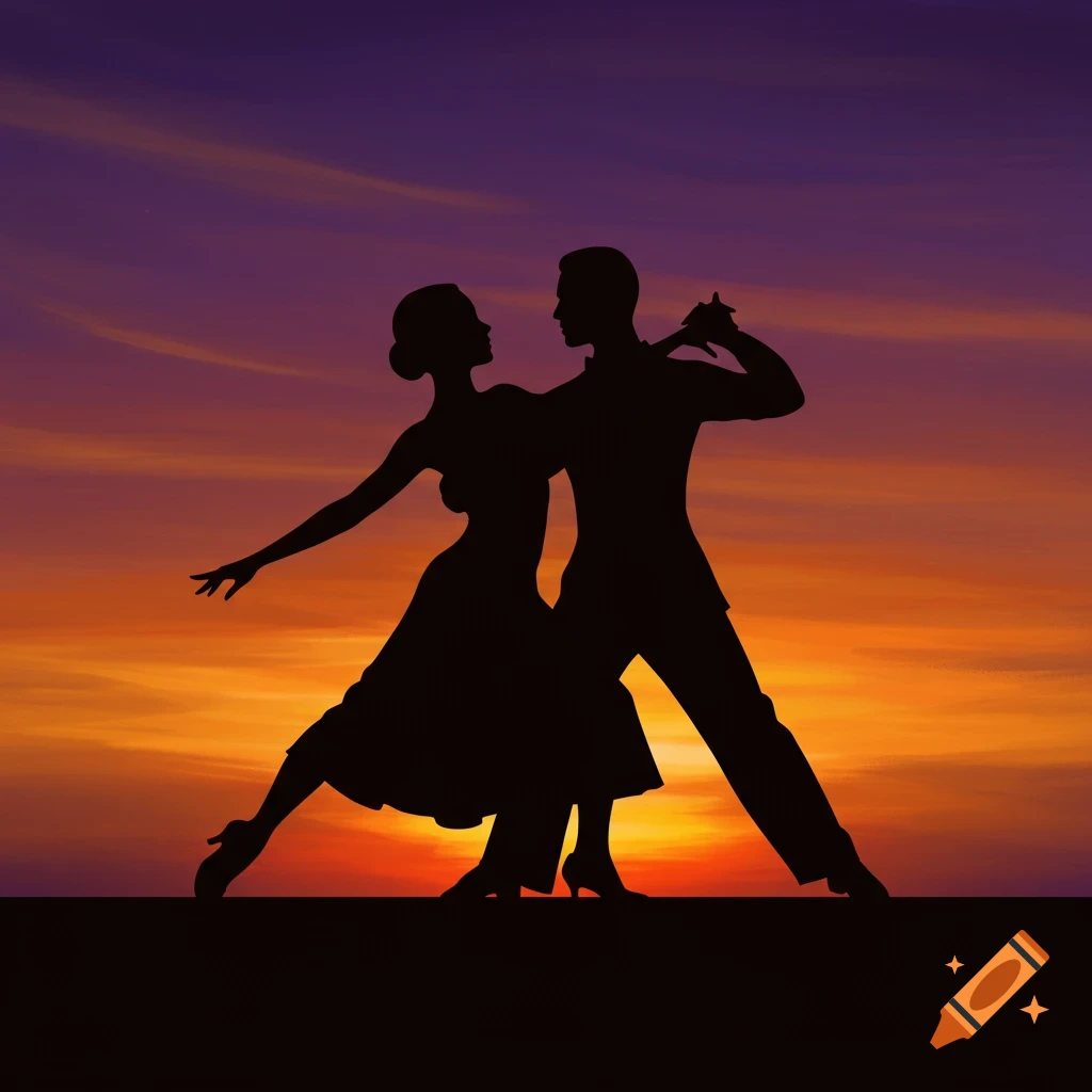 Silhouette of a man and woman ballroom dancing against a sunset sky