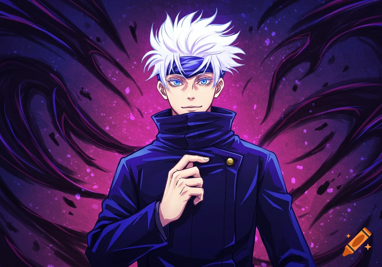 Anime character with white spiky hair and blue eyes in a dark coat, against a purple background.