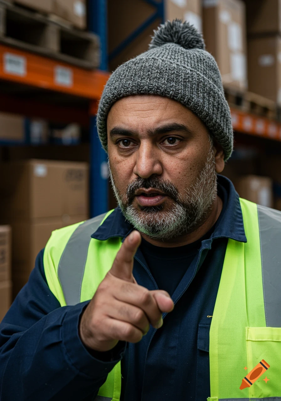 Close-up of a man in a warehouse, wearing a green high-vis vest and a grey bobble hat, pointing his finger.