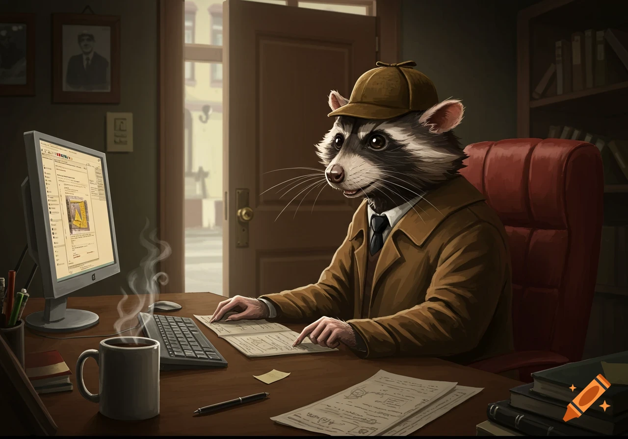 A cartoonish raccoon detective sits at a desk with a computer and coffee, examining papers.