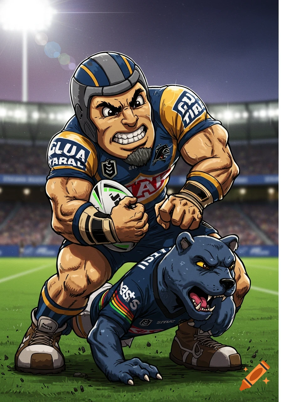Cartoon illustration of a muscular rugby player dominating a panther mascot on a field.