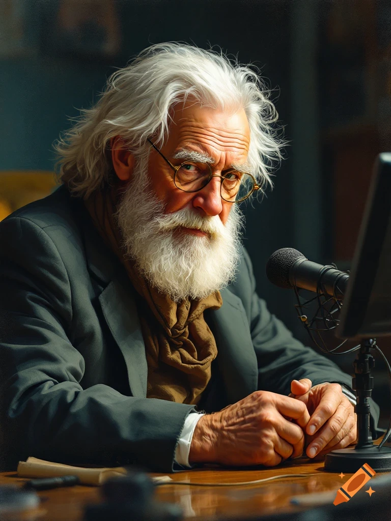 Portrait of an older man with white hair and beard, wearing glasses, sitting at a desk with a microphone.