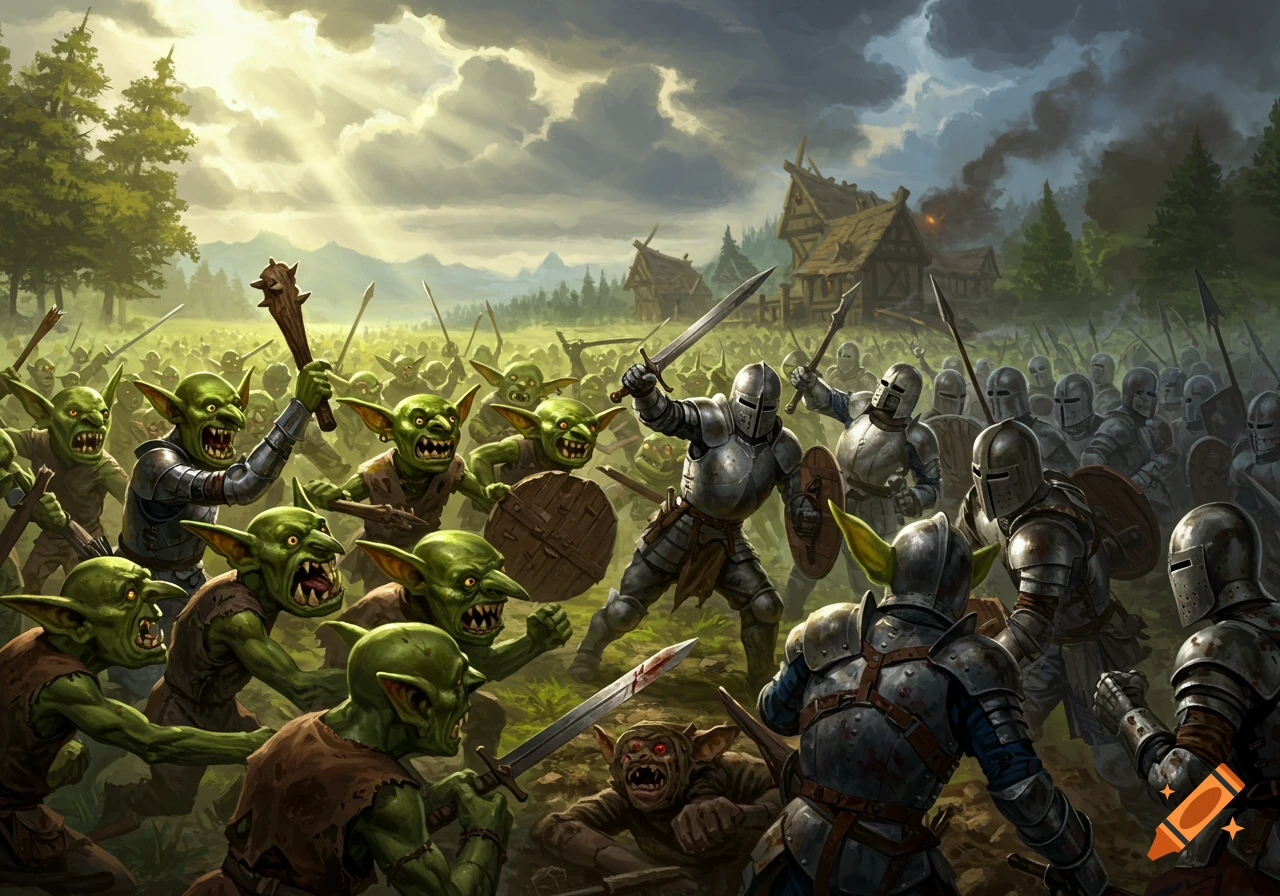 Epic fantasy illustration of a battle between a horde of goblins and armored knights in a field near burning buildings.