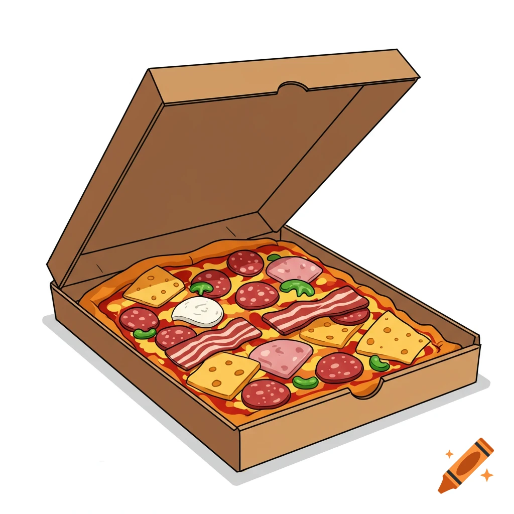 Clipart illustration of a pizza in a box with various meat and cheese toppings