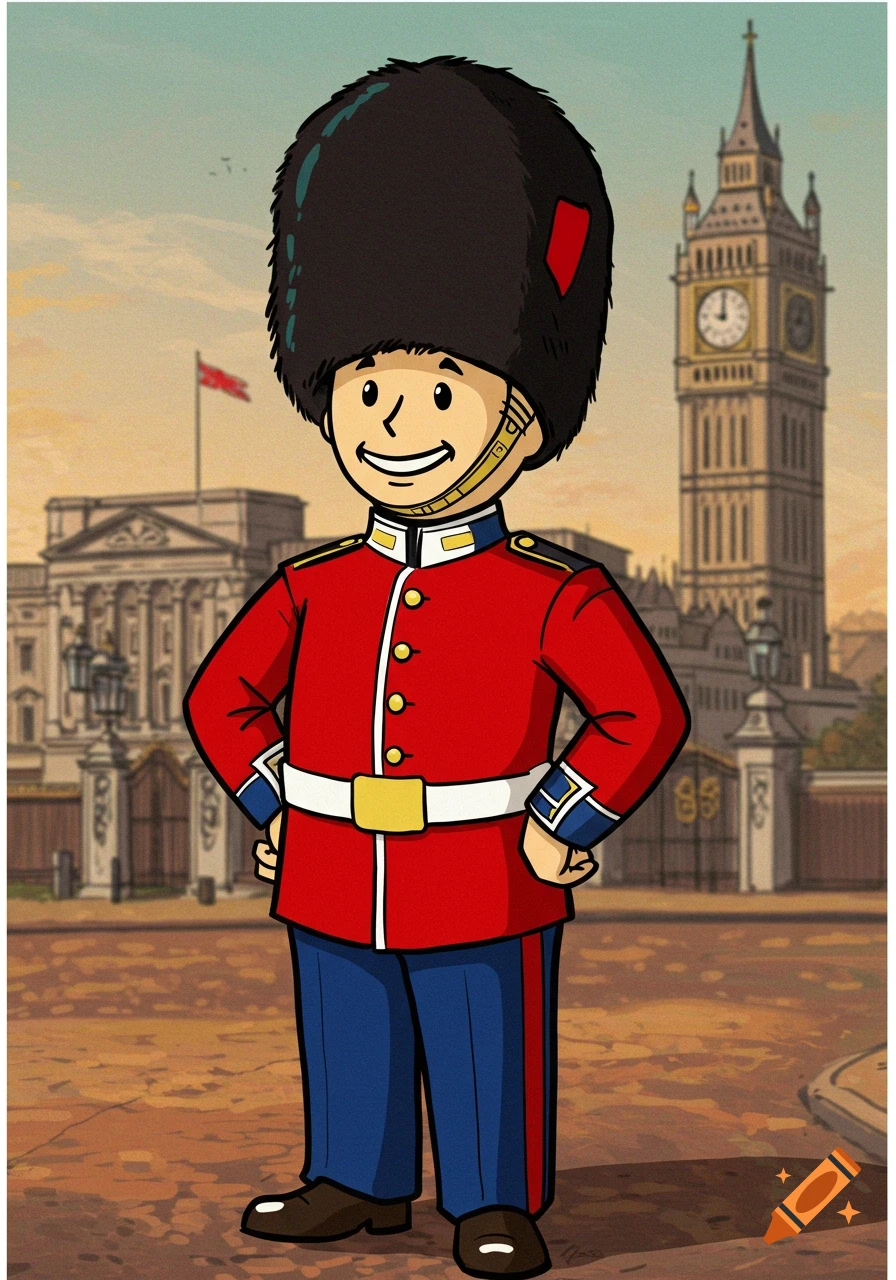 Cartoon character in British King's Guard uniform standing in front of London landmarks