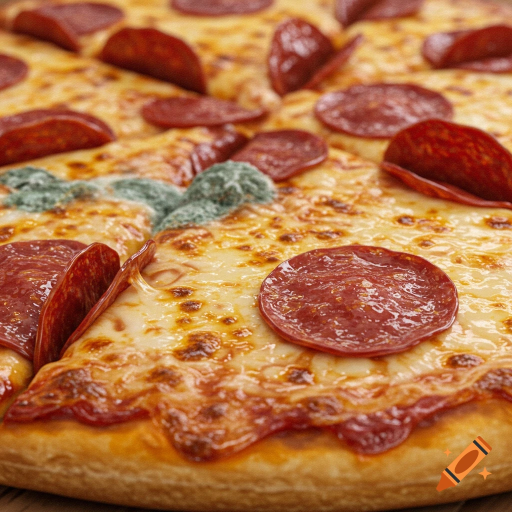 Close-up realistic photo of a pepperoni pizza with green mold