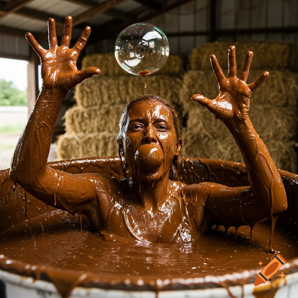 A woman covered in brown sticky substance sits in a vat with hands raised, a bubble floats above her in a barn.
