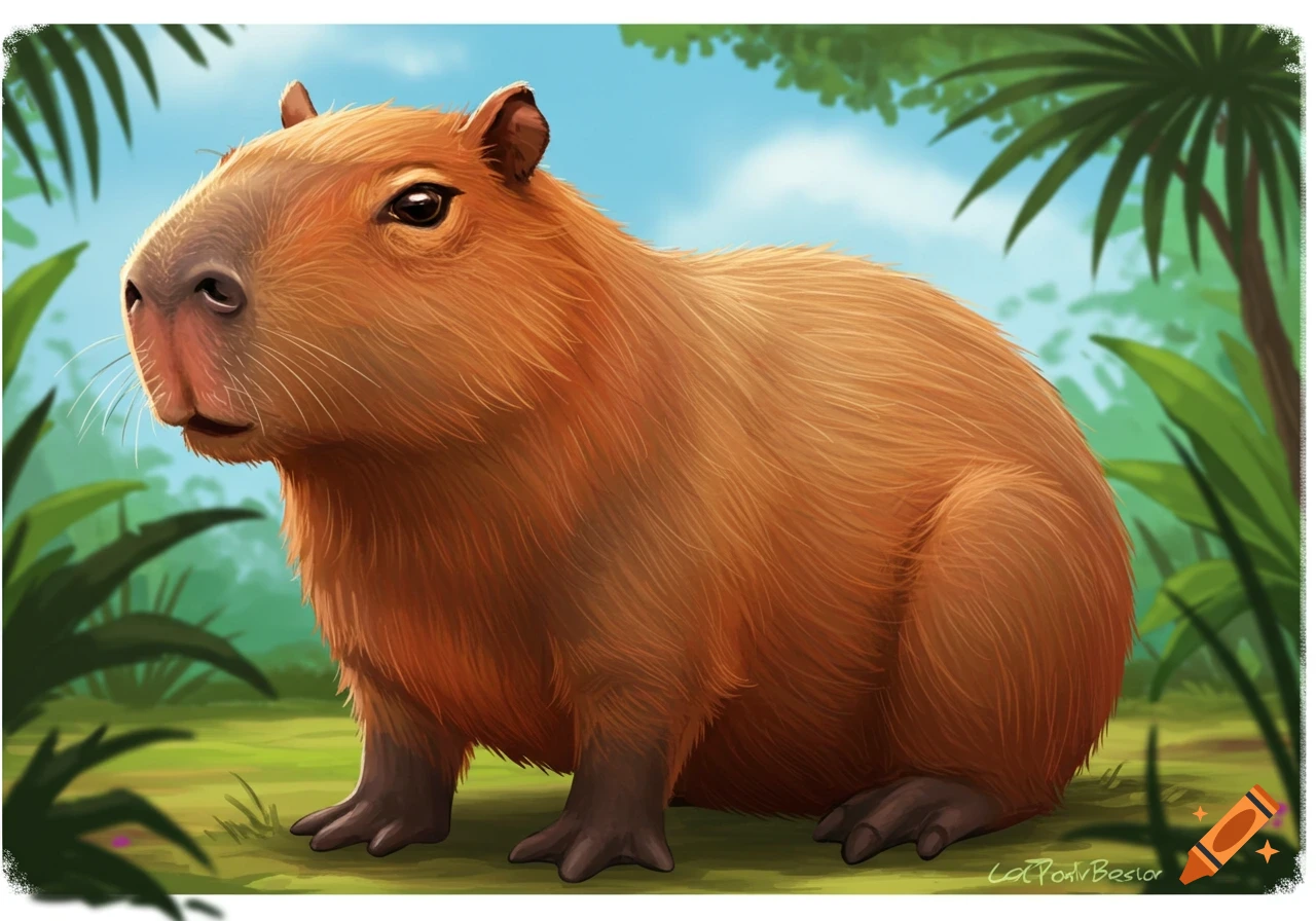 An illustration of a capybara sitting in a jungle environment with palm trees.