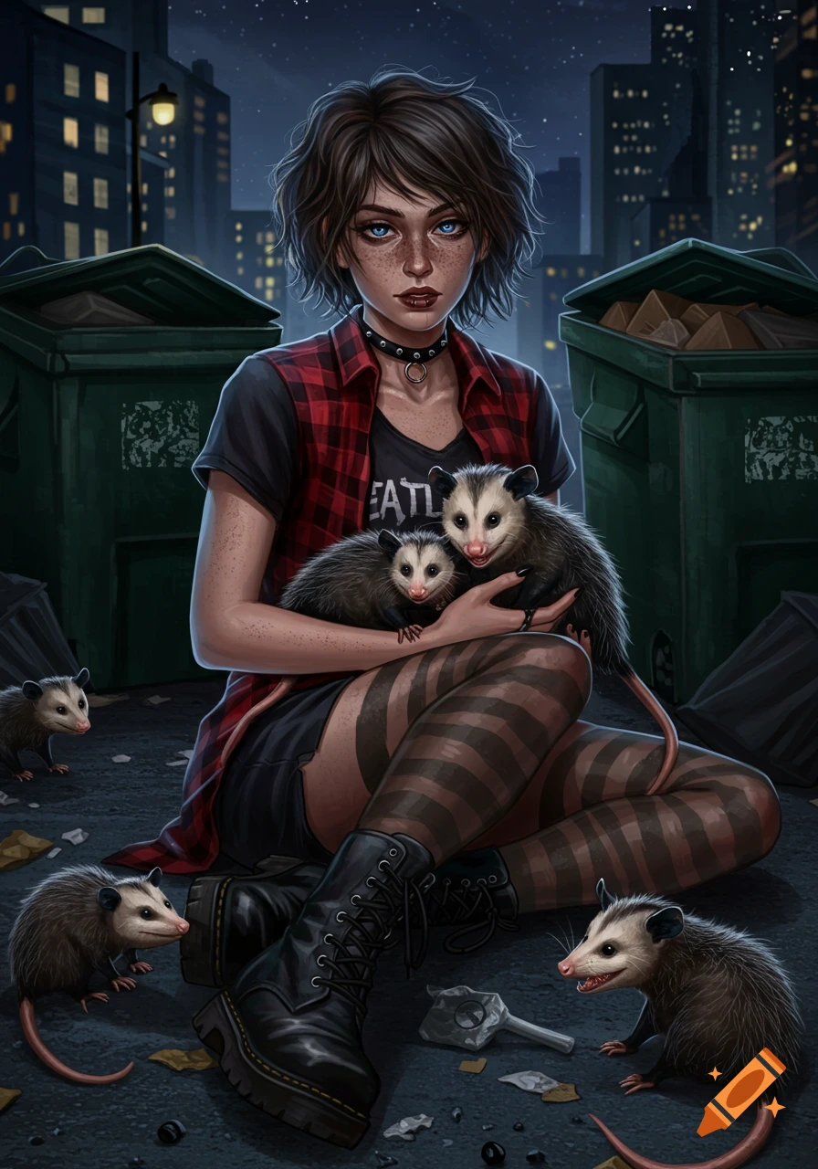 Digital painting of a woman sitting with opossums in an alley at night.