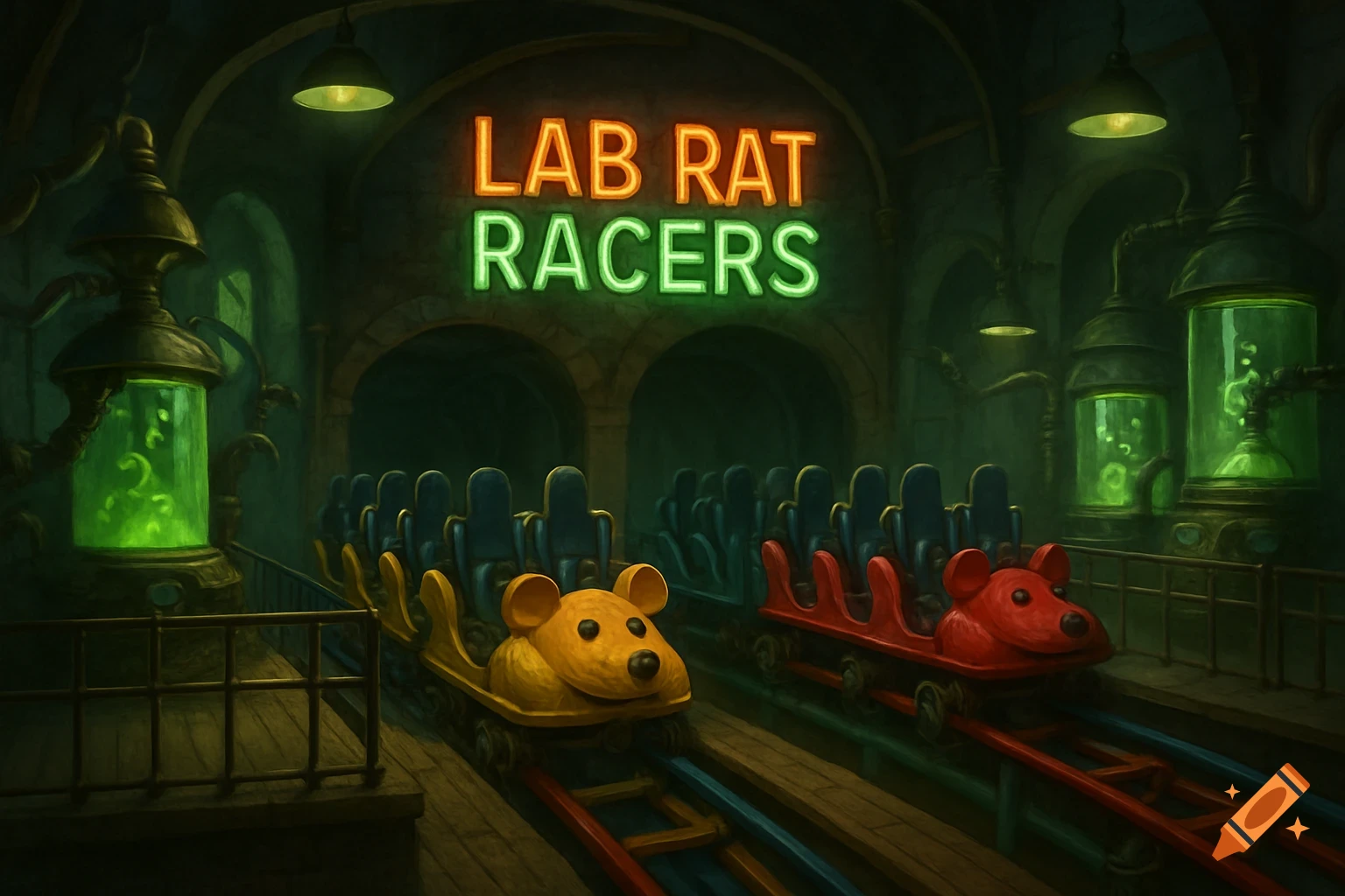 Dark roller coaster station with neon "LAB RAT RACERS" sign, rat-themed ride cars, and glowing lab vials.