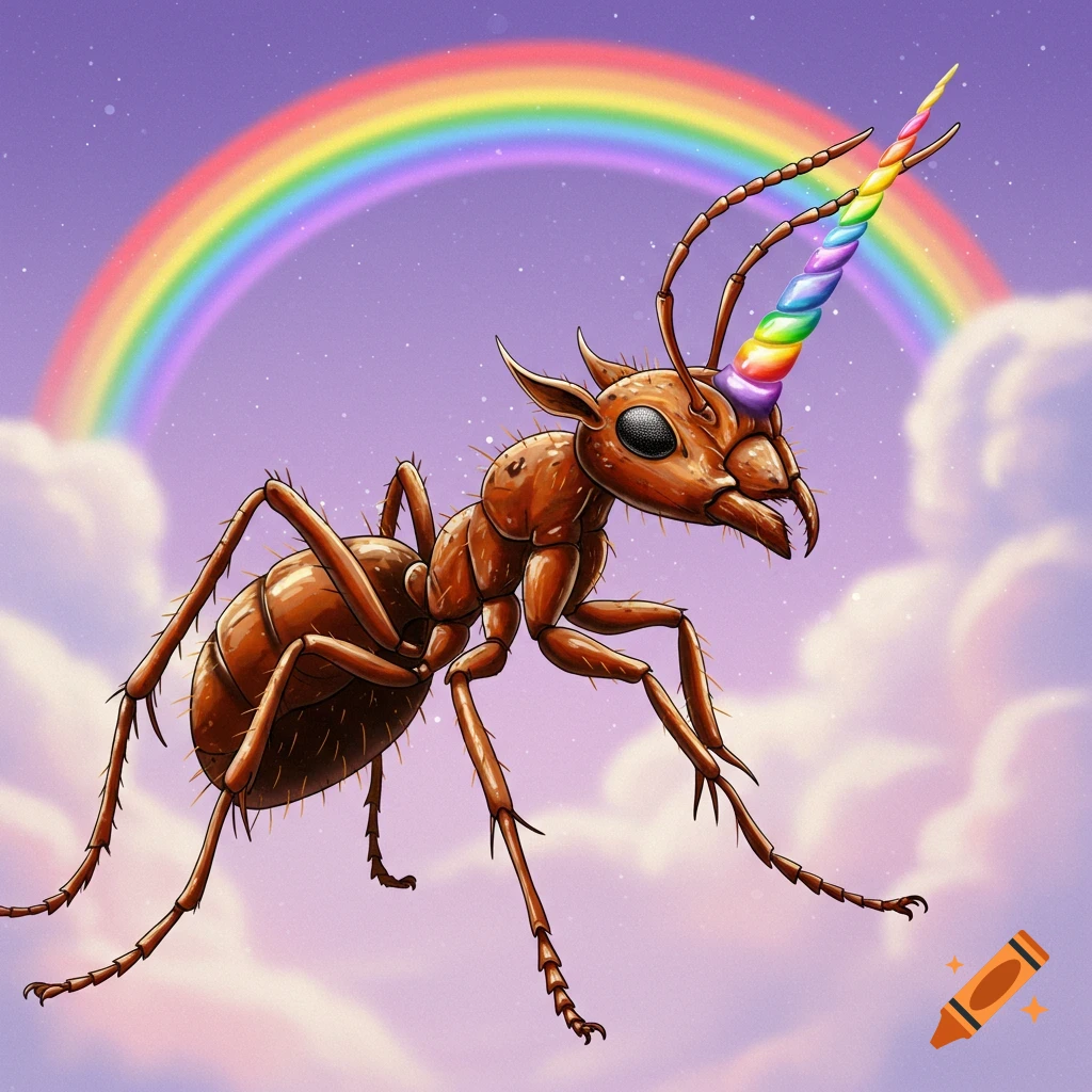 Illustration of an ant with a rainbow unicorn horn flying under a rainbow in a purple sky.