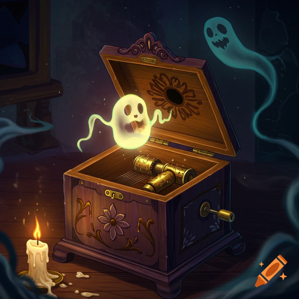 Cartoon ghosts emerge from an antique music box, with a flickering candle nearby.
