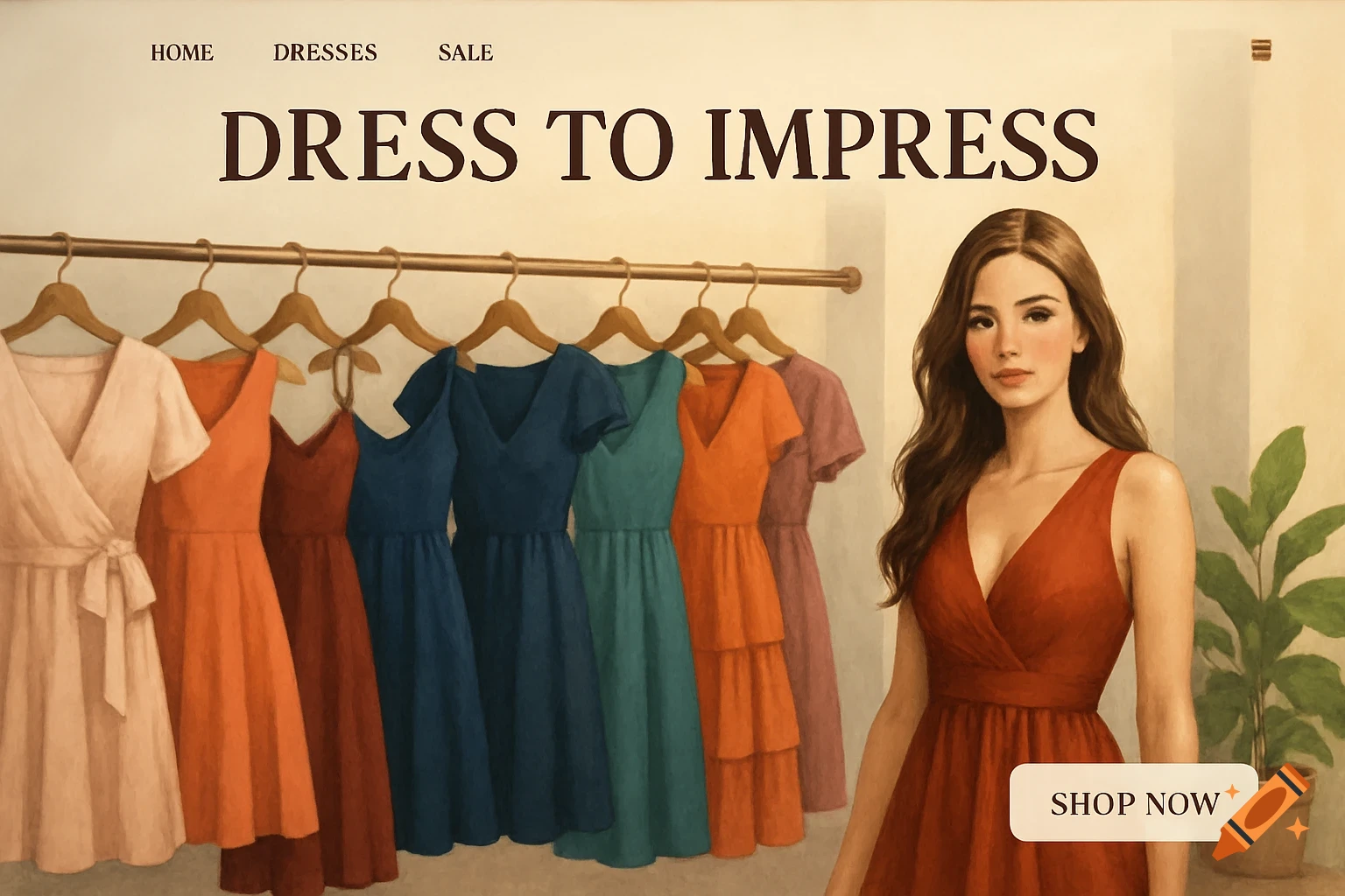 Digital painting of a woman in a red dress by colorful dresses, with text 'Dress to Impress' and 'Shop Now'.