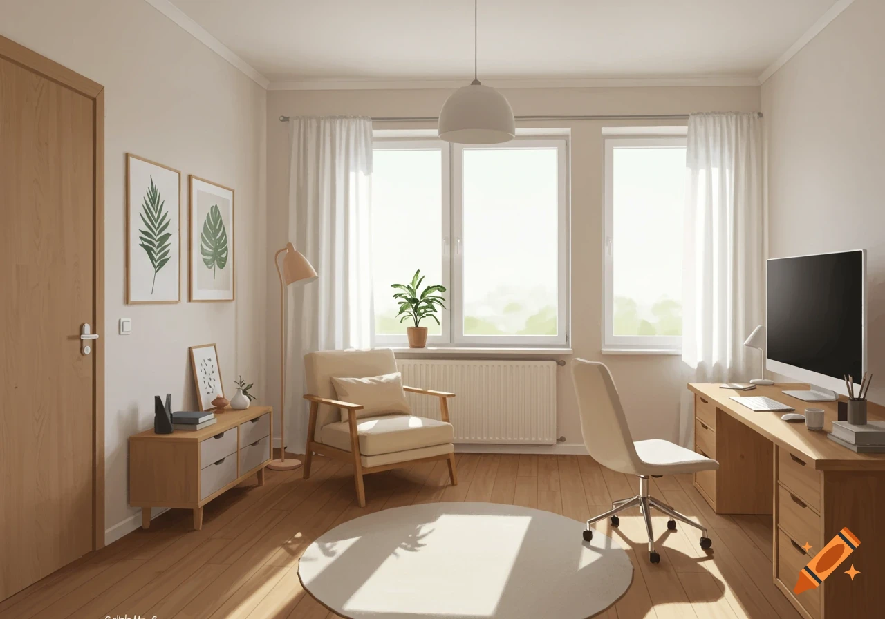 Bright, minimalist home office with desk, chair, armchair, and plants.