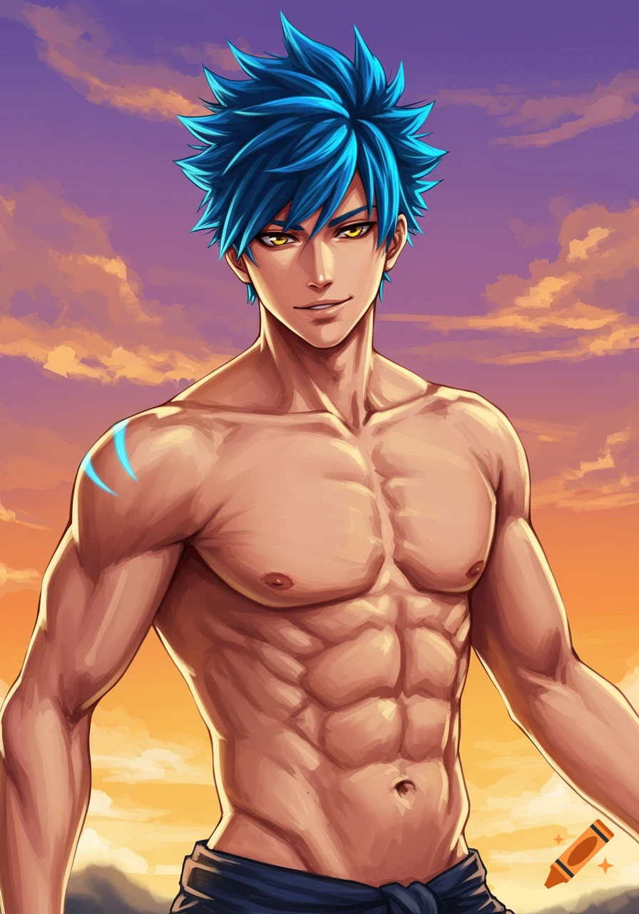 Shirtless anime man with blue hair and muscles against a sunset.