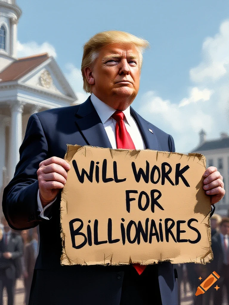 Donald Trump in a suit holds a sign that reads 'Will Work For Billionaires'.