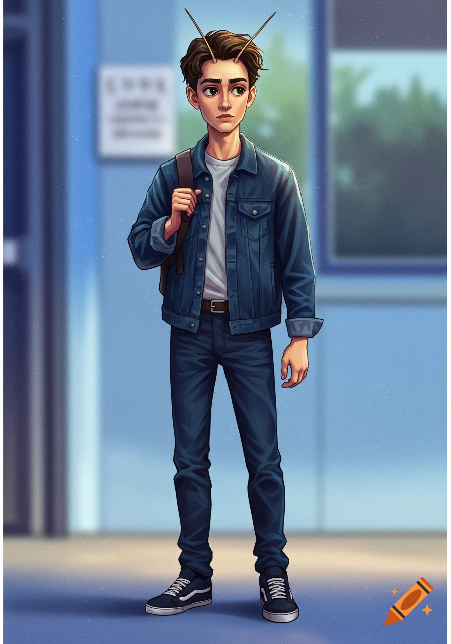Anime character of a young male high school student with insect antennas wearing a denim jacket and backpack, standing in a hallway.