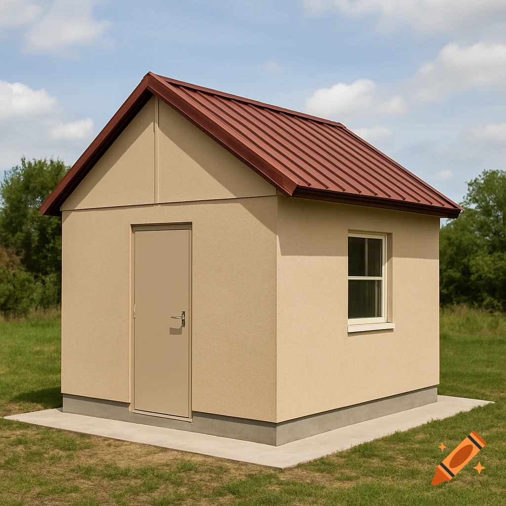 A small, simple building with a light brown textured facade and a red metal roof stands in a grassy field under a partly cloudy sky.