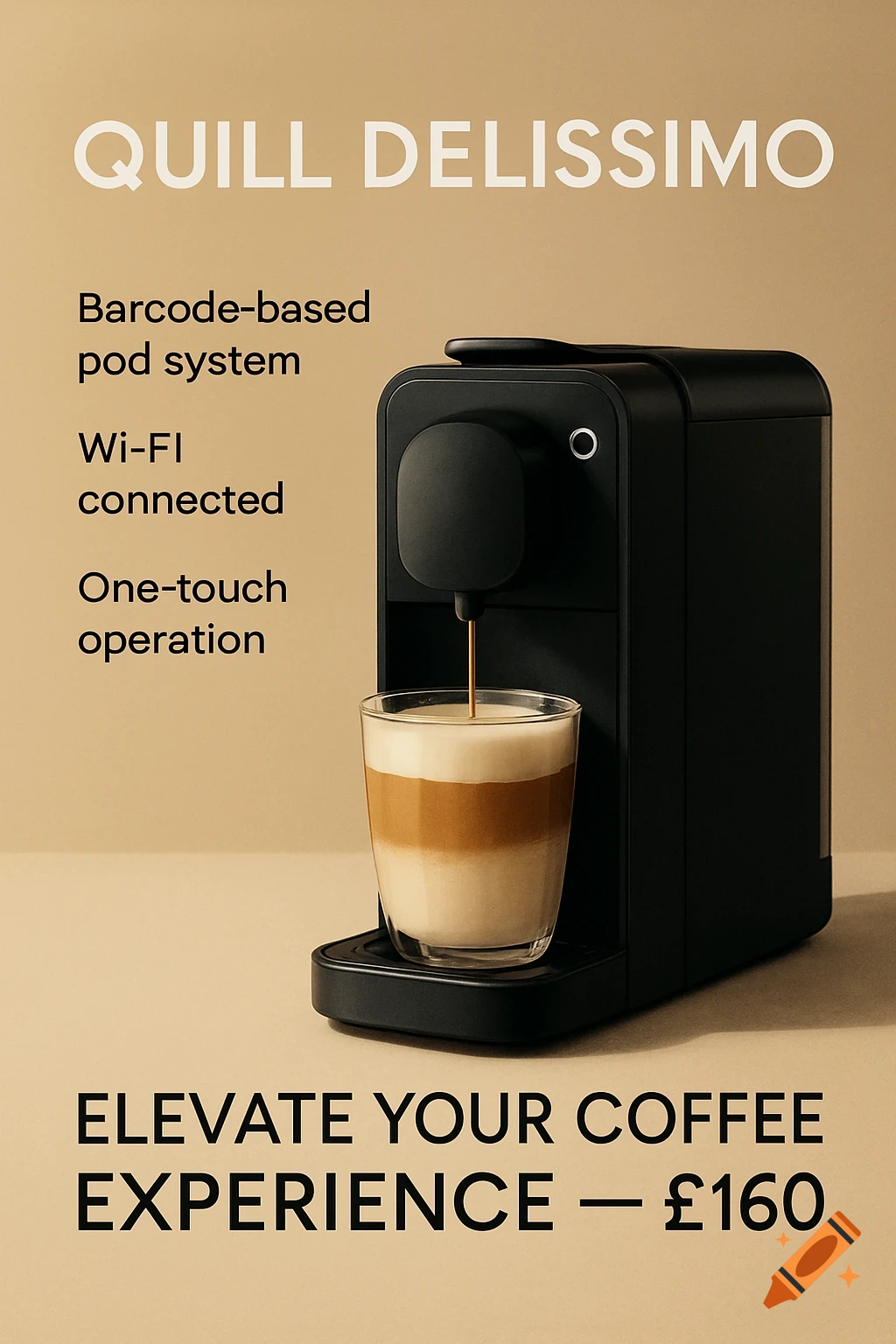Black coffee machine dispensing latte into glass cup with product features listed.