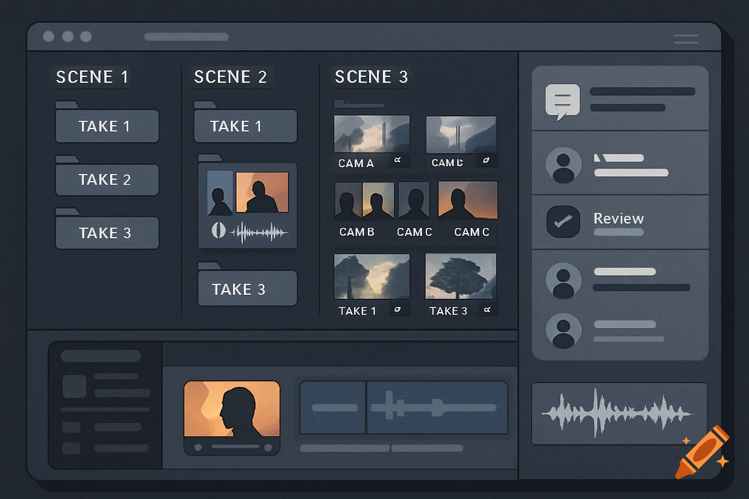 User interface for video editing software showing scenes, takes, cameras, and review sections.