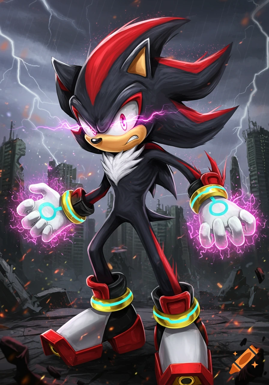 Shadow-like character powers up with pink energy in a ruined city under a stormy sky