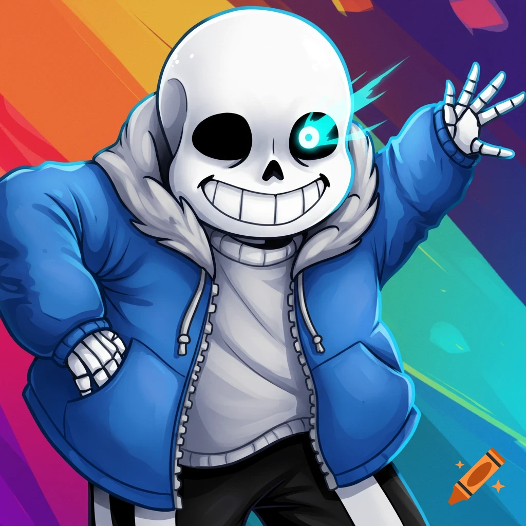 Sans from Undertale with glowing blue eye and blue hoodie against a colorful background in anime style.