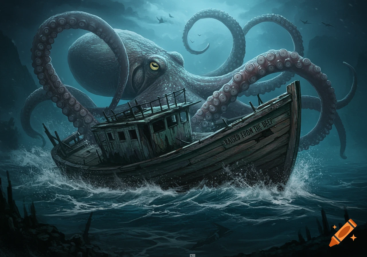 A giant octopus attacks a weathered boat in stormy seas. Text on boat says 'RAISED FROM THE DEEP'.
