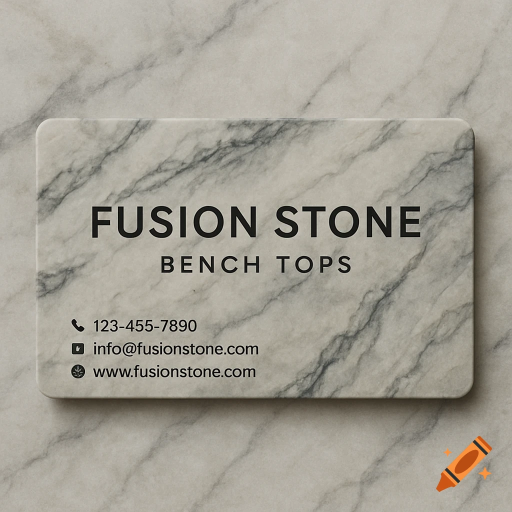 A mock-up of a business card on a marble surface. The card features the text 'Fusion Stone Bench Tops' and contact information.