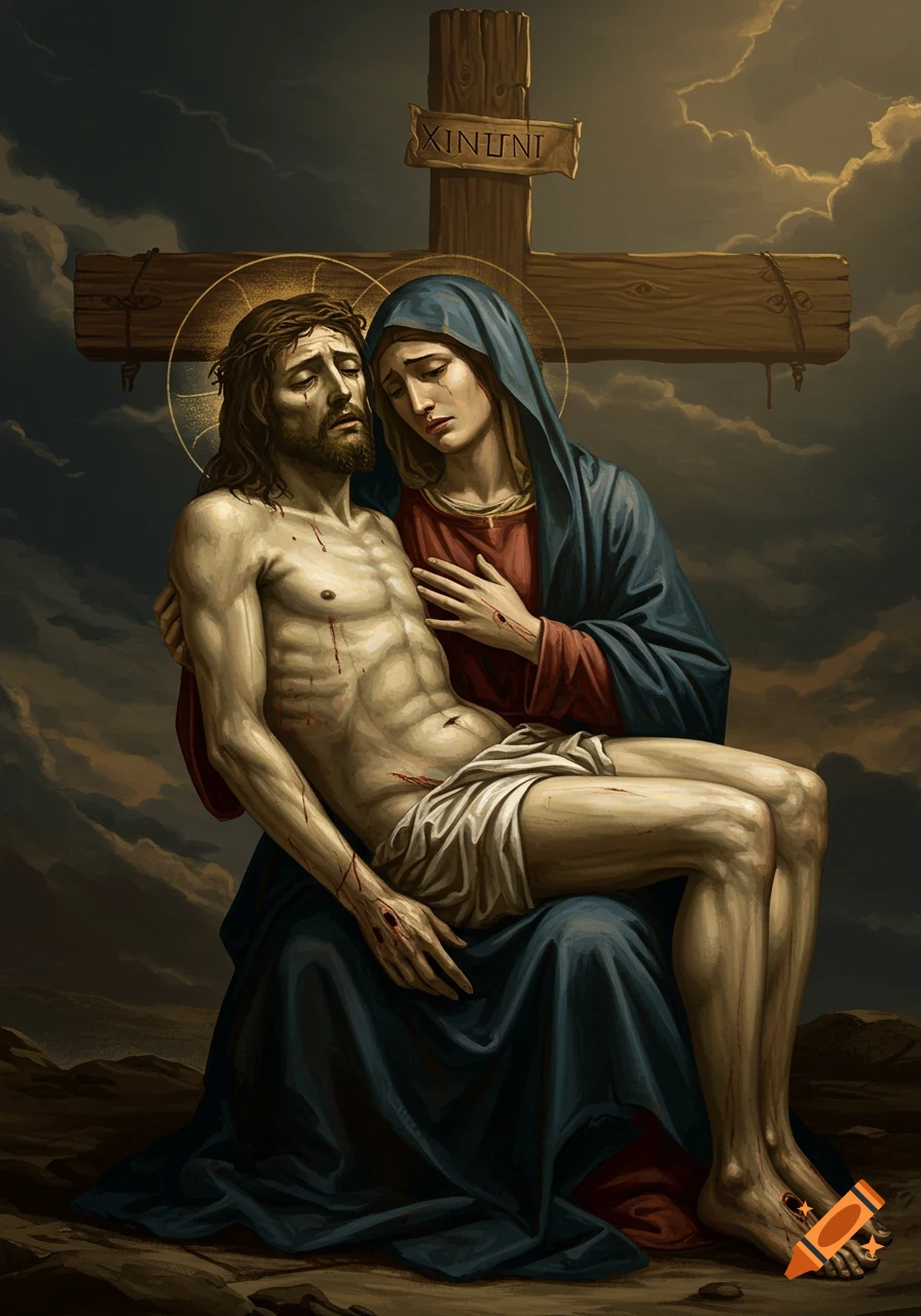 Mary holds the body of Jesus on her lap after the crucifixion, in a ...