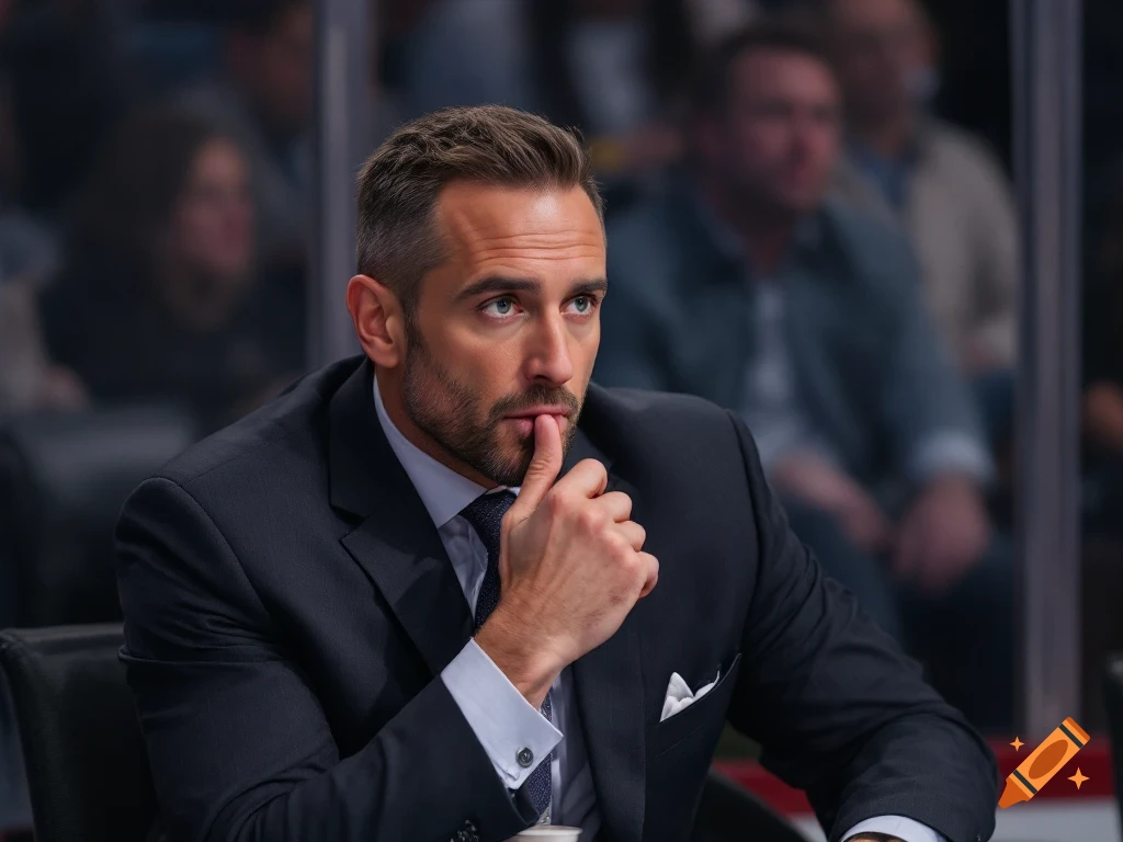 Man in suit sits with hand to mouth, looking thoughtful.
