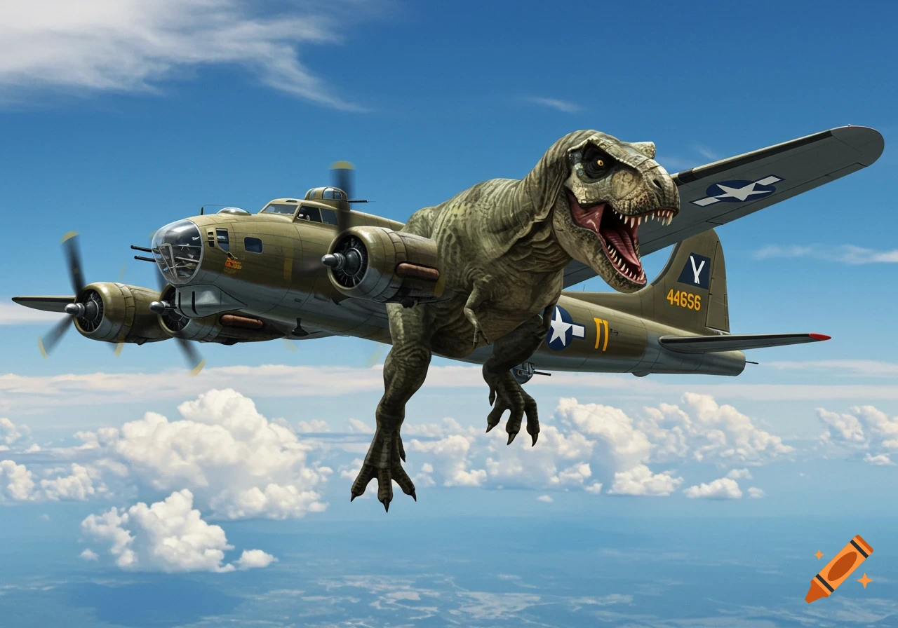 A Tyrannosaurus Rex clinging to the wing of a flying B-17 bomber.