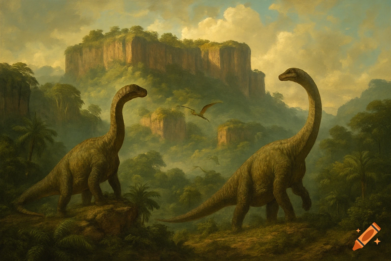 Two long-necked dinosaurs stand in a foggy prehistoric jungle with cliffs, in a classic painting style.