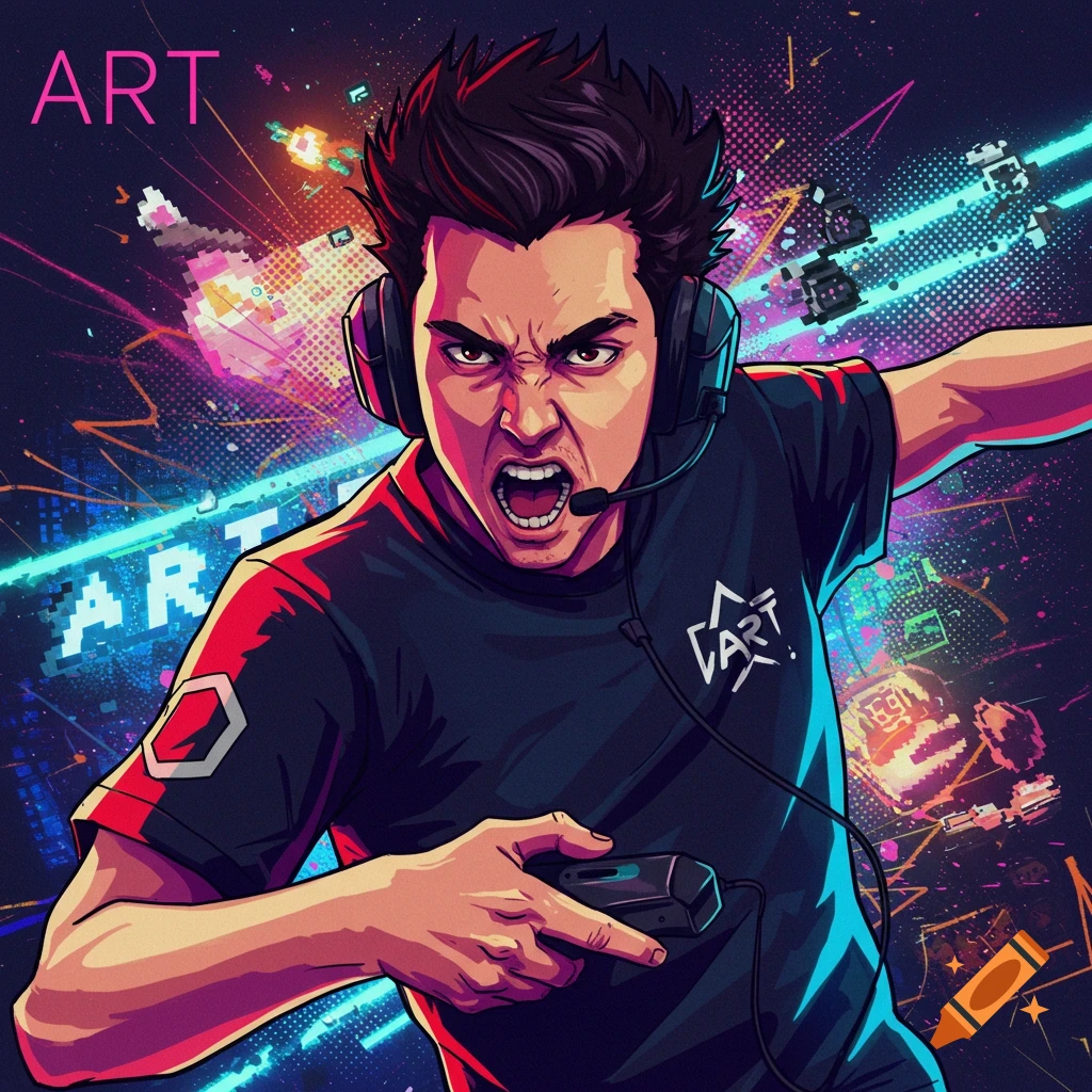 Stylized illustration of an intense gamer with a headset and controller against a vibrant pixel art background.