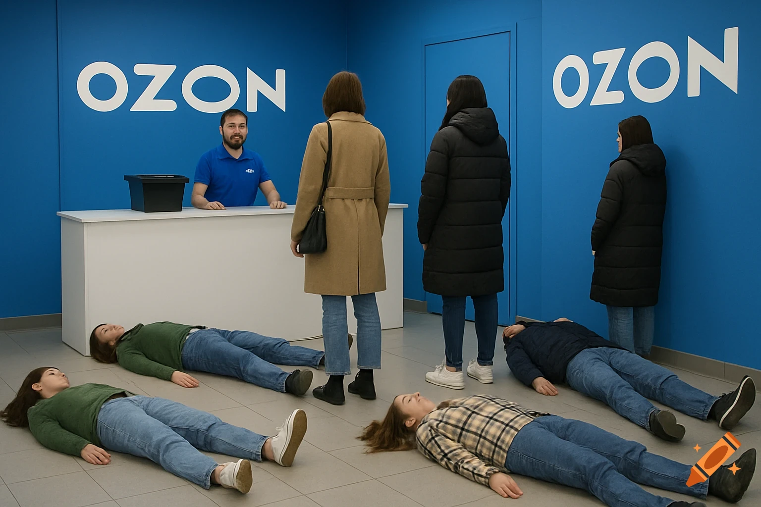 People lying on the floor and standing near a counter with an employee in an Ozon pickup point.
