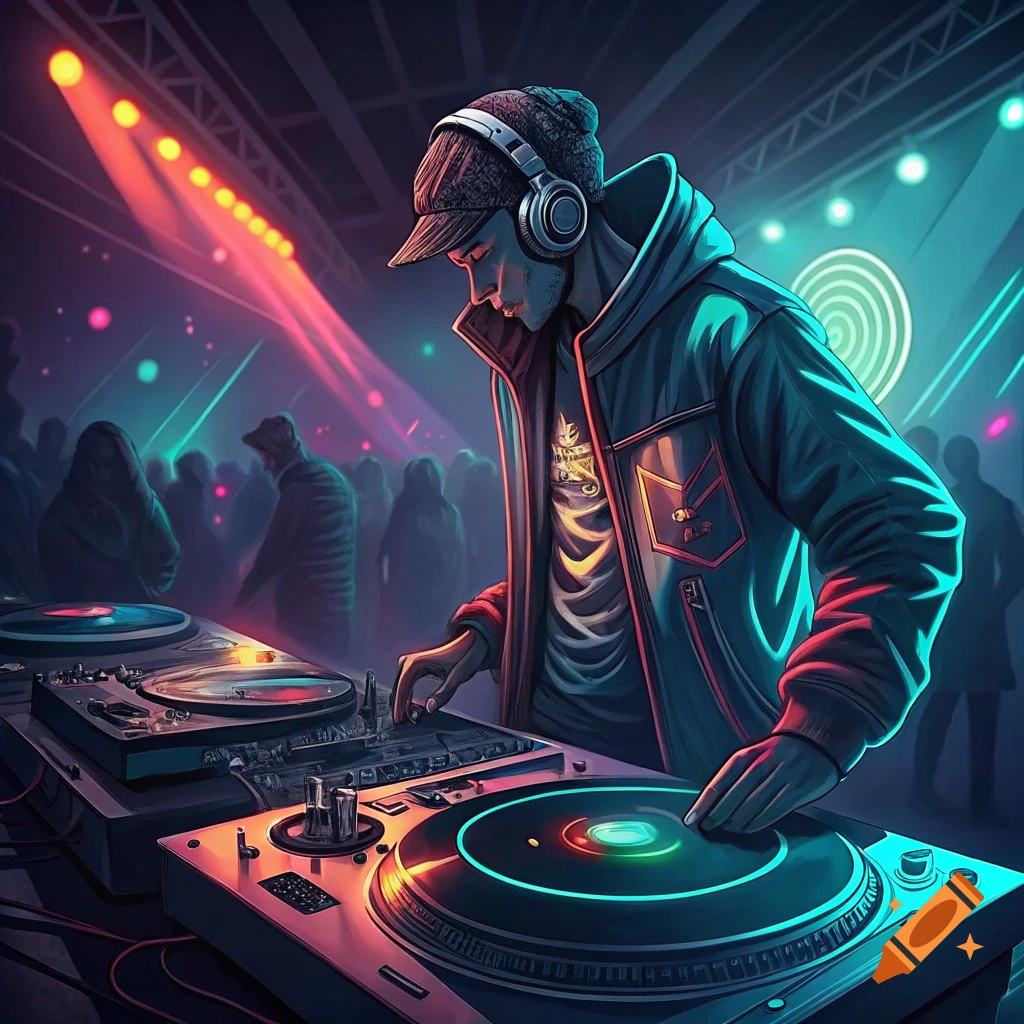 A DJ performs on turntables under colorful stage lights at a club.