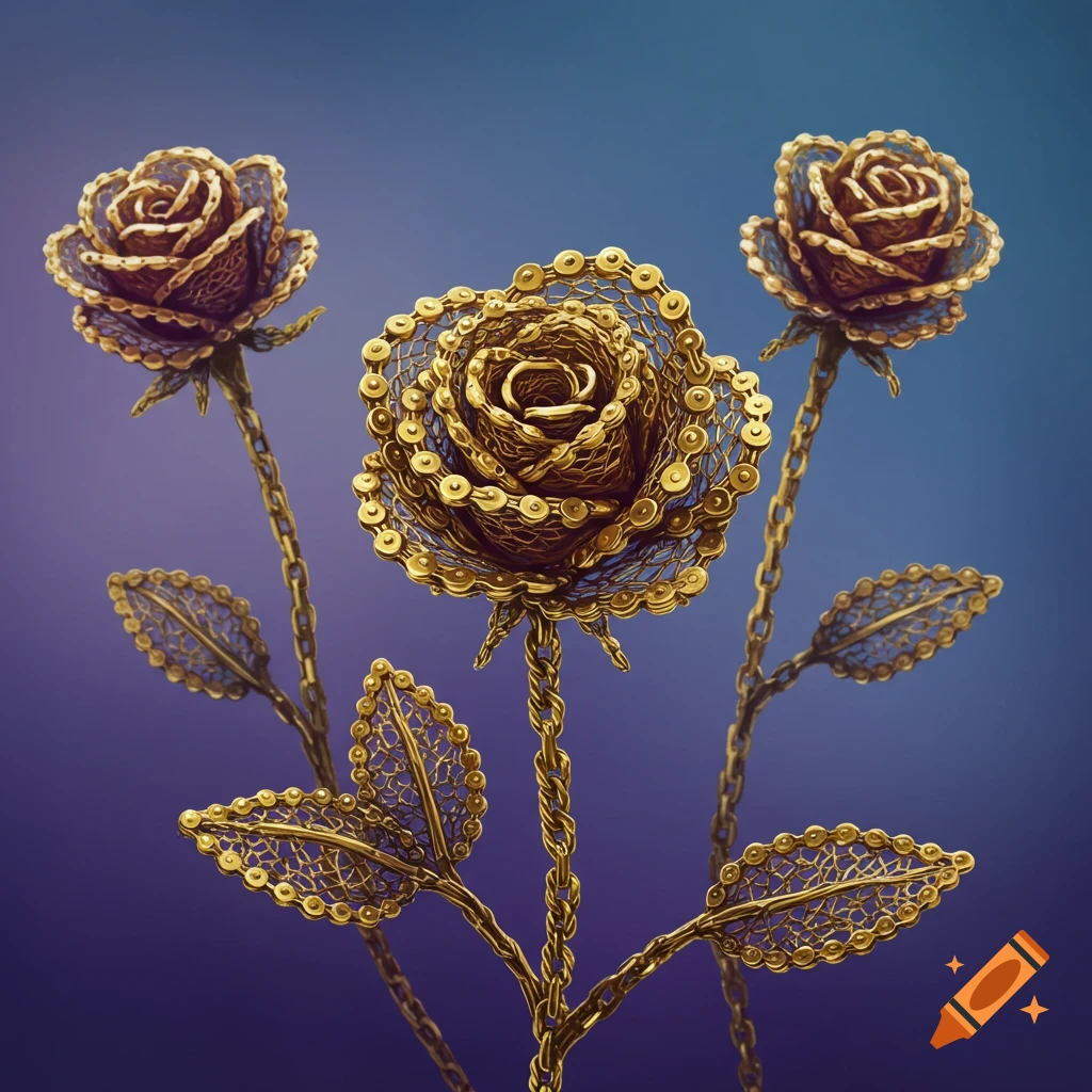Three golden roses made of metal chains with chain leaves against a gradient background.