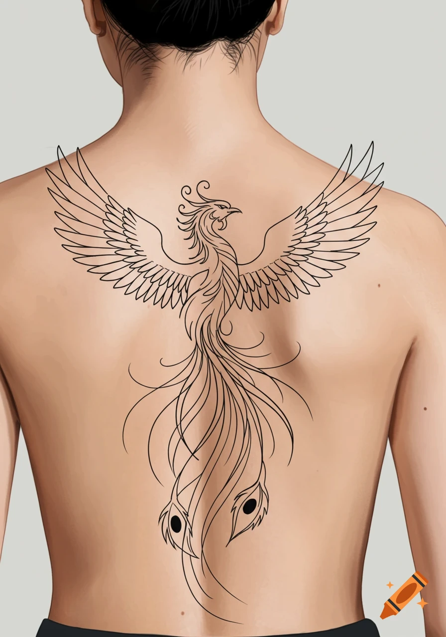 A sketch of a phoenix tattoo on a person's back