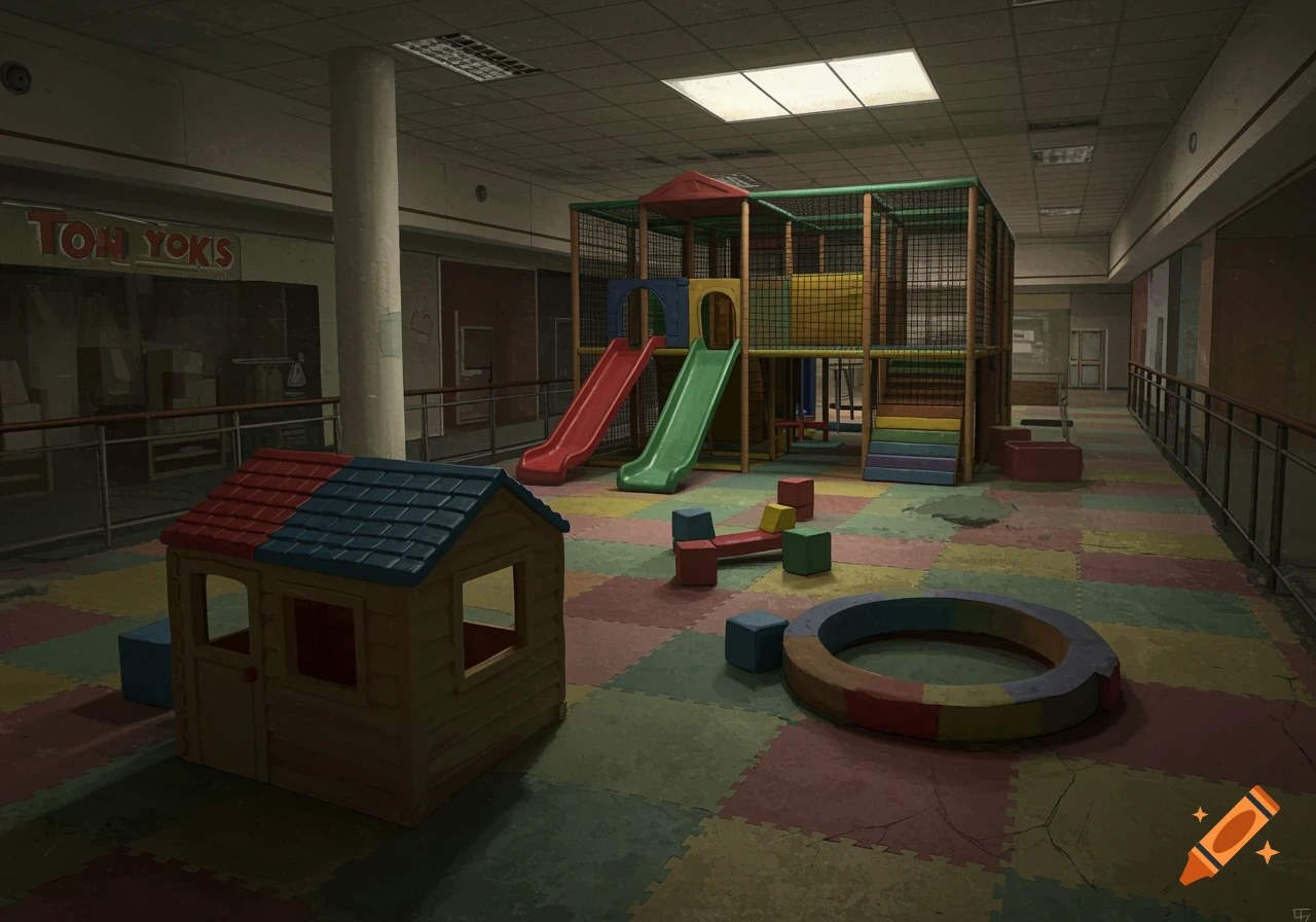 An abandoned children's play area inside an empty shopping mall.