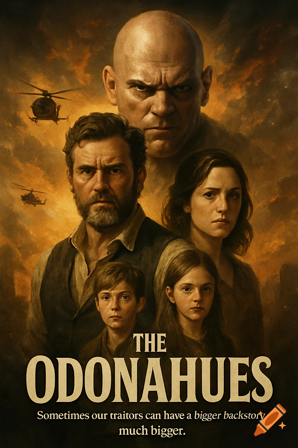 An epic movie poster featuring several people and helicopters in a dramatic sky with text.