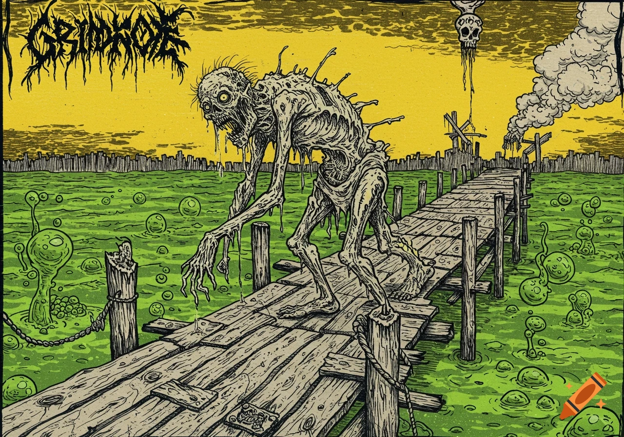 Stylized illustration of a zombie walking on a pier over a green toxic swamp with text 'GRINDCORE'.