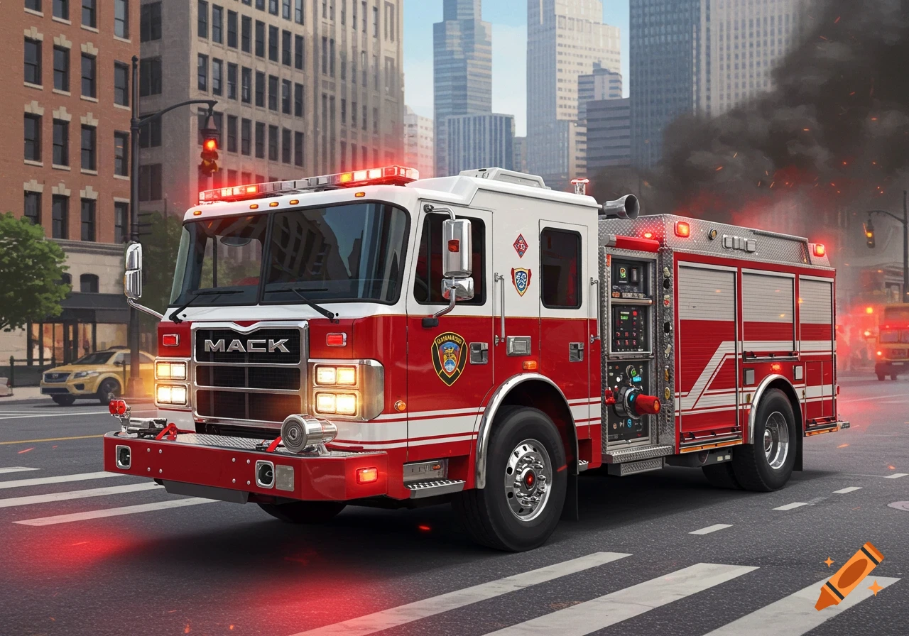 Photorealistic image of a red and white fire truck on a city street.