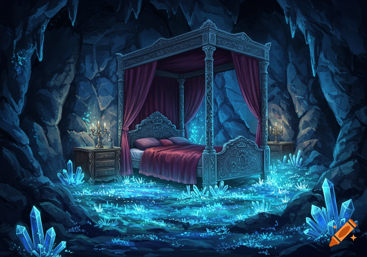 A fancy bed sits in a glowing cave filled with blue sparkling crystals and moss. Digital painting.