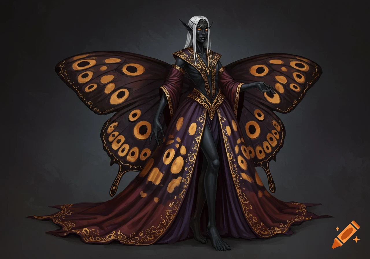 Gaunt dark elf with black skin, white hair, wearing a dress like butterfly wings with gold embroidery and eye spots.