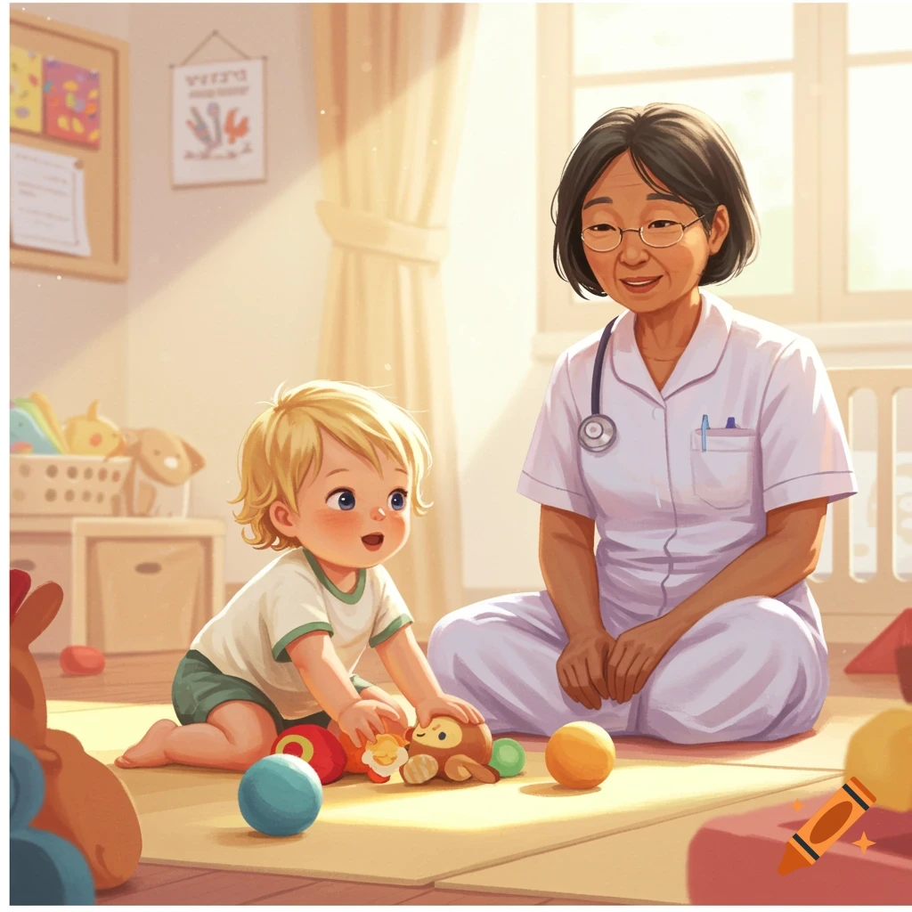 An illustration of a baby playing with toys on the floor while a healthcare worker watches in a bright playroom.