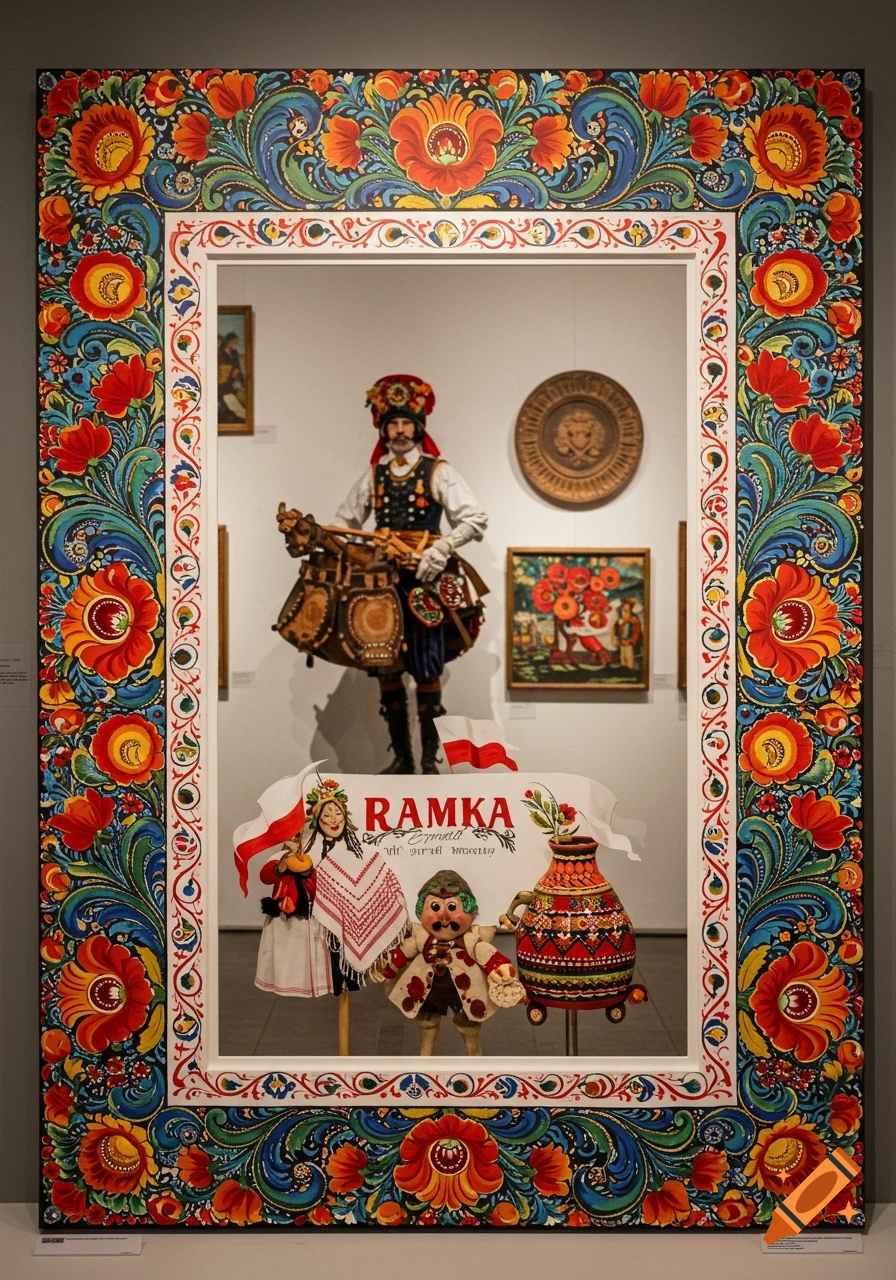 A large frame decorated with colorful Polish folk floral patterns, surrounding a display with figures in traditional costumes, dolls, a vase, and a banner with text.