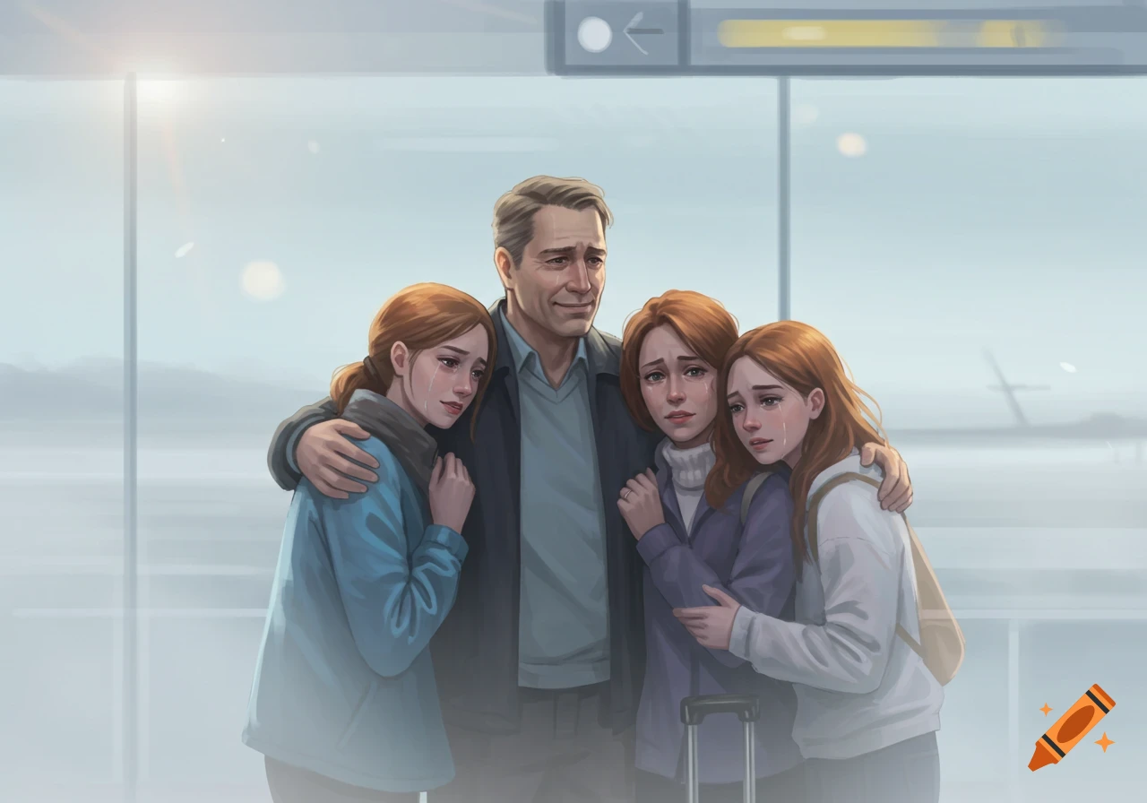 Illustration of a family hugging and crying at a foggy airport.