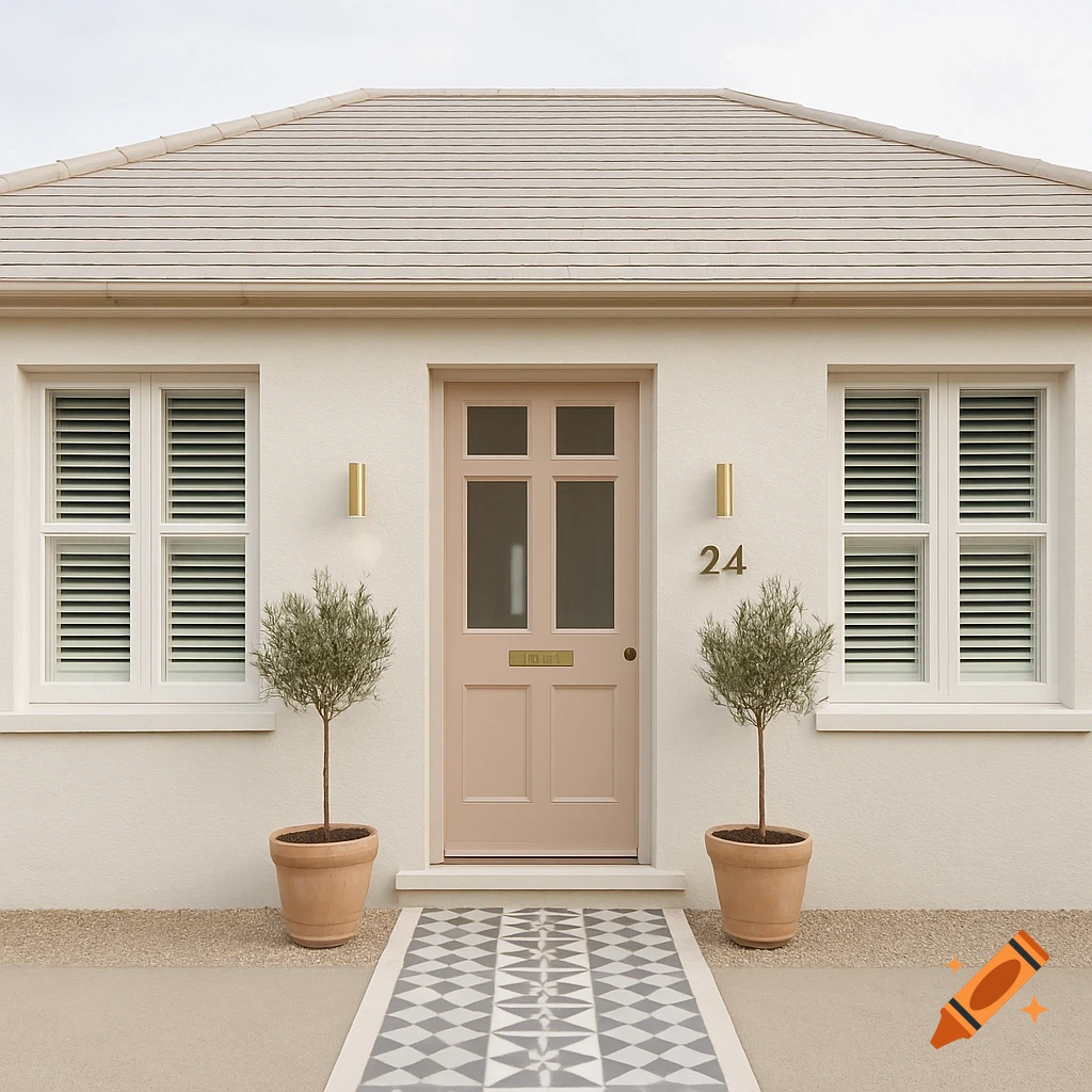 Front of a white bungalow with a pink door, geometric path, and potted olive trees